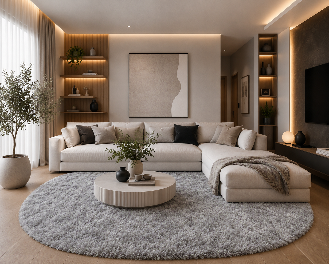 Tapis salon gris argenté Shaggy à poils longs NAVARRA