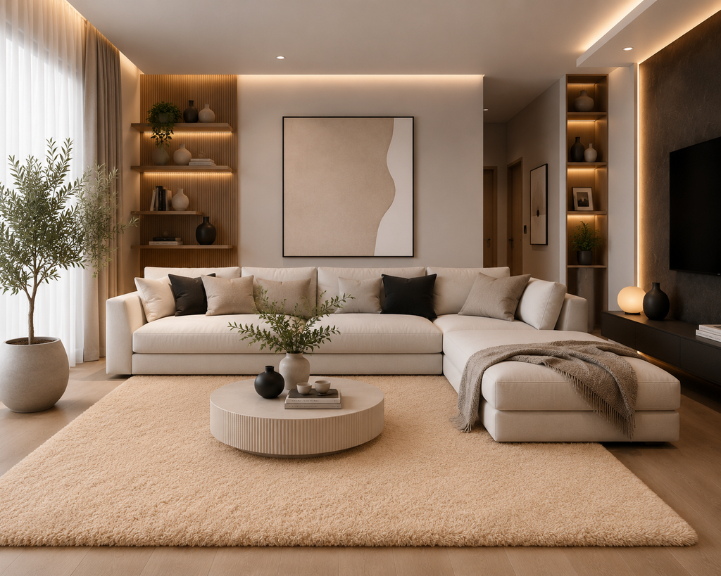 Tapis salon beige Shaggy à poils longs NAVARRA