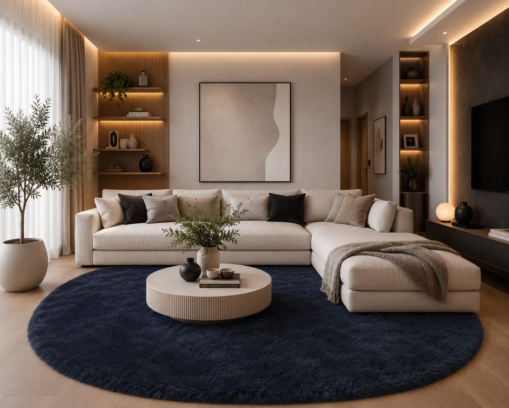 Tapis salon bleu marine Shaggy à poils longs NAVARRA