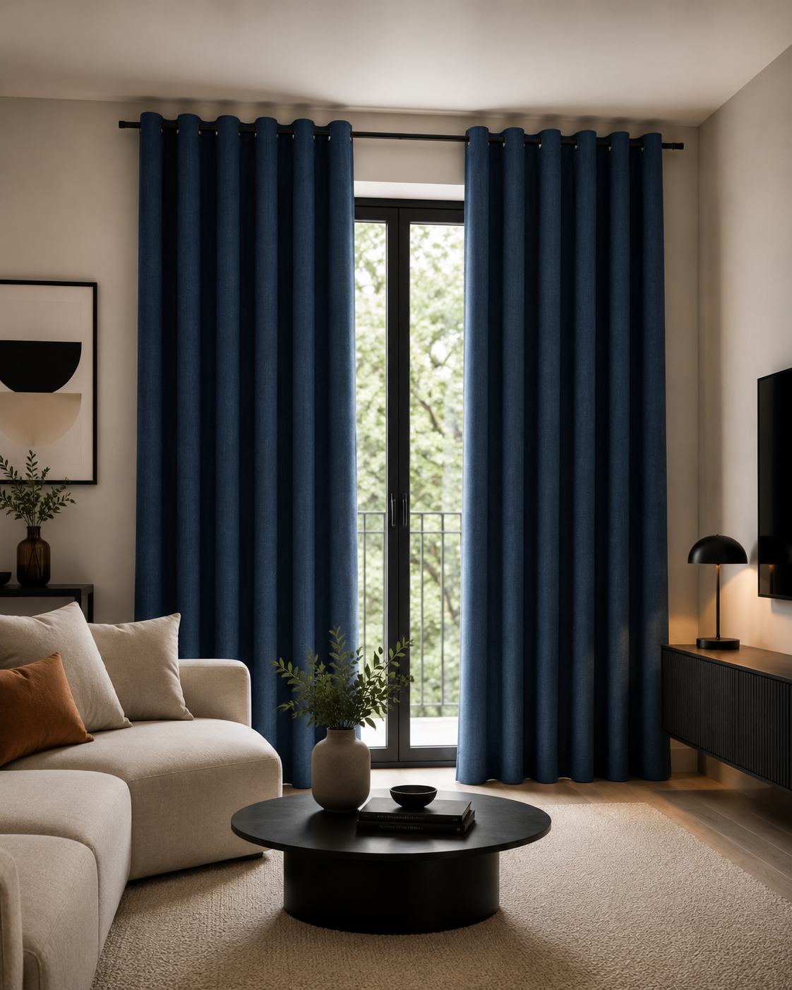 Rideaux occultants aspect lin bleu