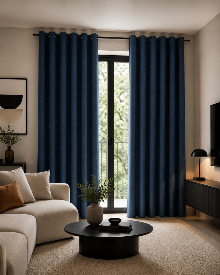 Rideaux occultants aspect lin bleu