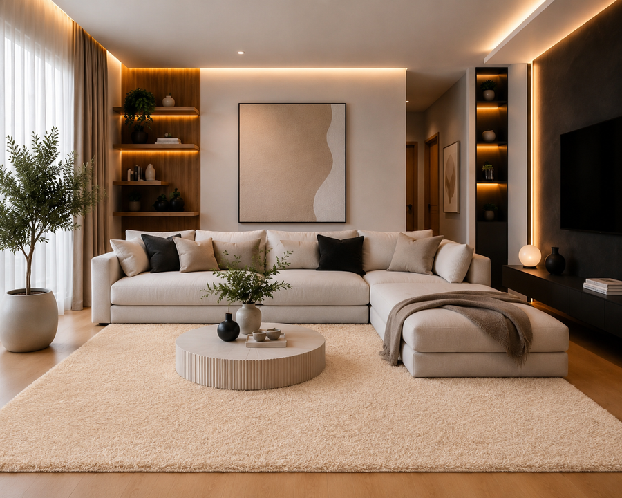 Tapis salon beige Shaggy à poils longs NAVARRA