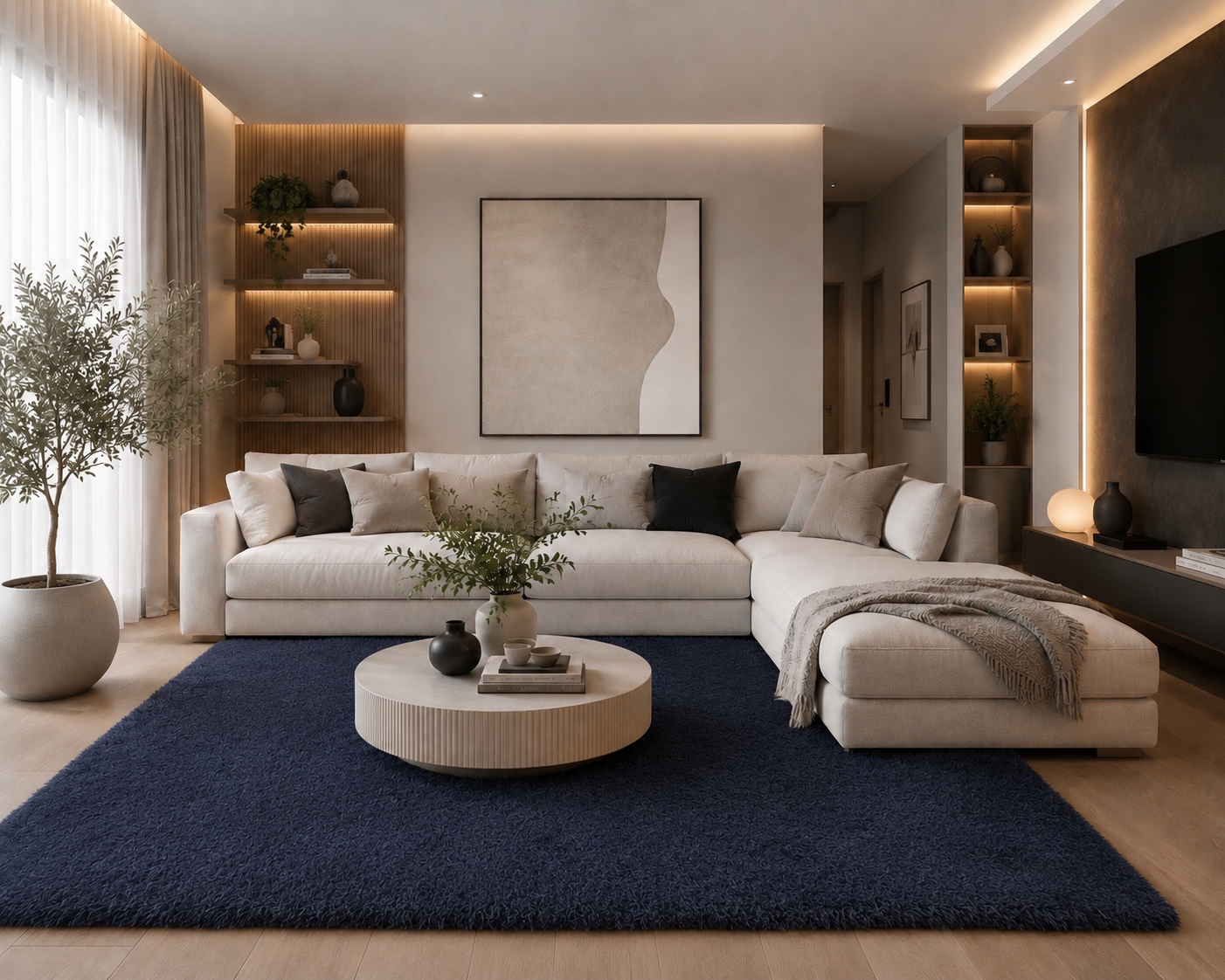 Tapis salon bleu marine Shaggy à poils longs NAVARRA