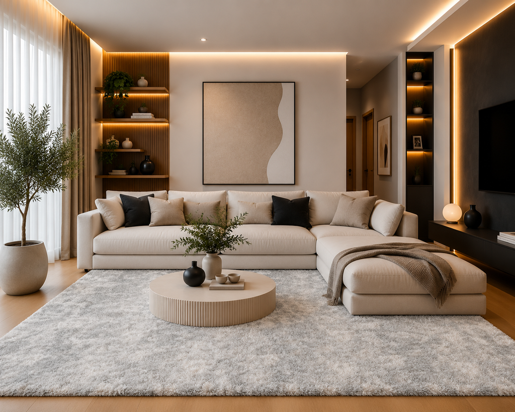 Tapis salon gris argenté Shaggy à poils longs NAVARRA