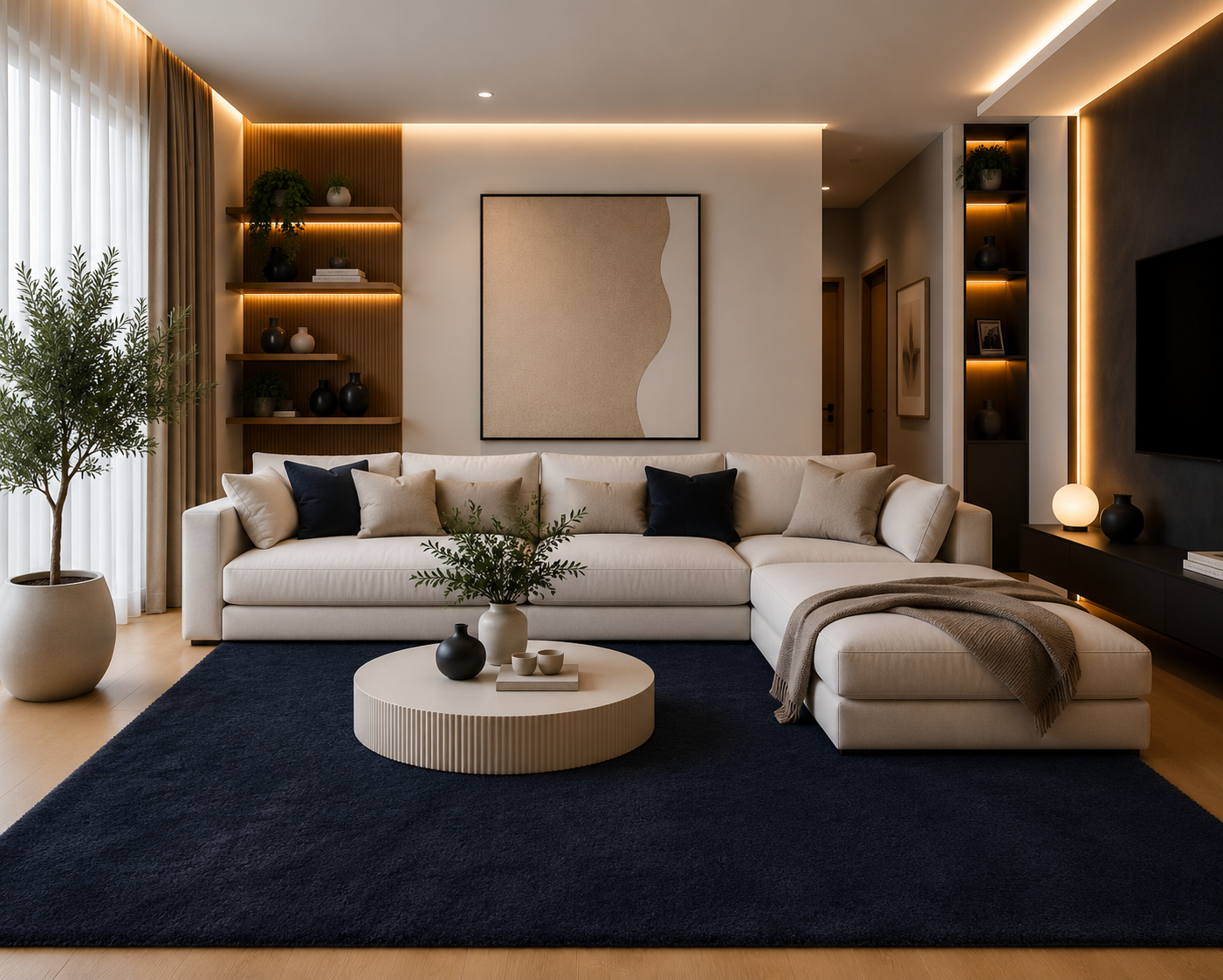 Tapis salon bleu marine Shaggy à poils longs NAVARRA