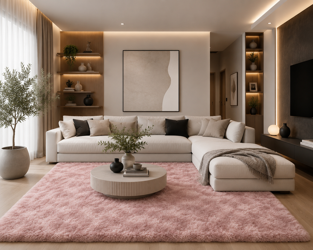 Tapis salon rose Shaggy à poils longs NAVARRA