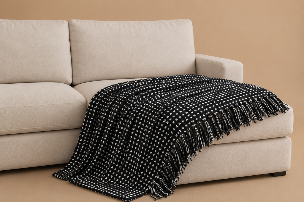 plaid canapé coton à chevrons noir